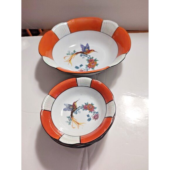 Antique Schwarzenhammer Bavaria Orange Luster Bird Of Paradise 6 Bowl Set - Picture 11 of 12